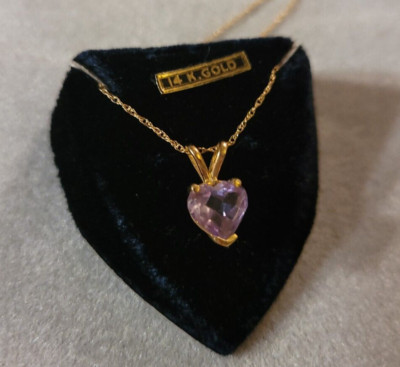 14k Gelbgold herzförmiger Amethyst Anhänger mit 18'' Seil Kette 2 kt 1,81 Gramm
