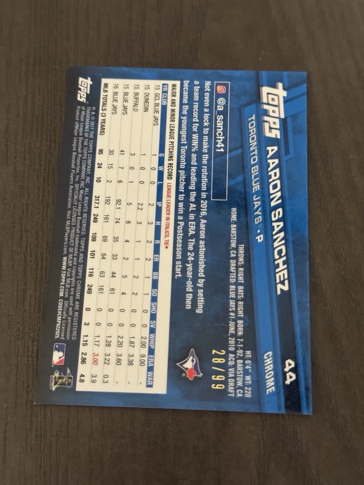 2017 Topps Chrome Green Refractor /99 #44 AARON SANCHEZ Toronto Blue Jays Card - Image 2 of 3