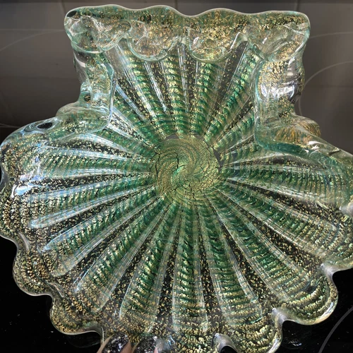 1950s Barovier Murano Italy Green & Gold Bullicante  Bowl / Ash Tray
