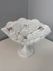 Vintage Westmoreland Milk Glass Fan Shaped Vase Pink Flower Design