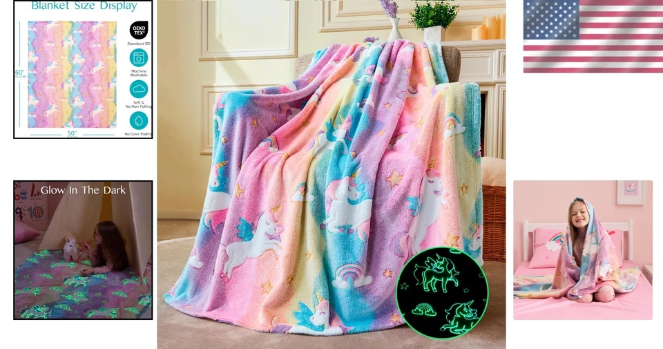 Manta unicornio brilla en la oscuridad niños tirar franela cálida decoración de dormitorio Foto 2 de 4
