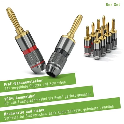 CONECTO 8x Profi Bananenstecker für alle Lautsprecherkabel bis 6mm² 24K vergoldet Kupfer
