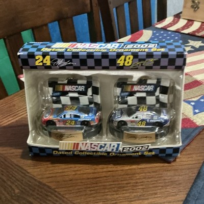 NASCAR 2002 Collectible Christmas Ornament Set Car Shape Checkered Pattern 2pcs
