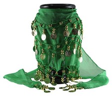 Green Middle Eastern 3 ROWS ornament Coins BELLY Dance sheer Costume HIP SKIRT