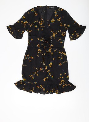 PRETTYLITTLETHING Damen schwarz Blumenmuster Polyester Mini Größe 10 V-Ausschnitt Reißverschluss