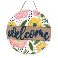 Welcome Spring Summer Flower Front Door Sign Yellow Floral Wood Door Pink