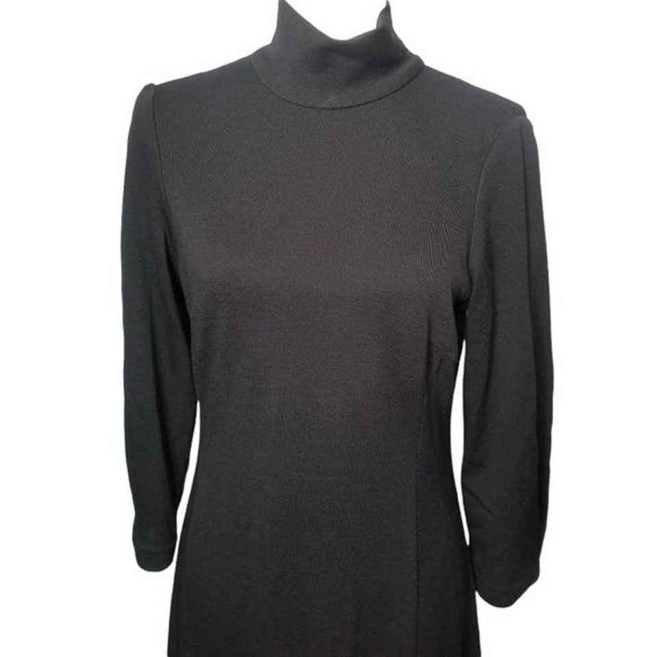 W Worth Black Mock Neck 100% Wool Midi A-Line 3/4" sleeves Shift Dress Size 8 - Image 4 of 4
