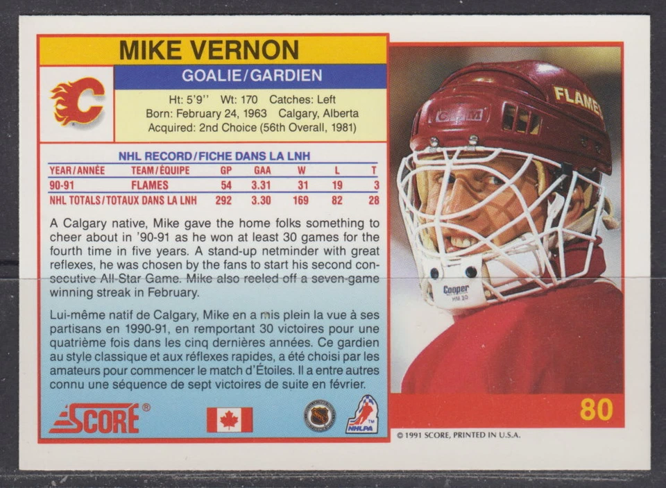 1991-92 Score Canadian Bilingual Mike Vernon Hockey Card #80 - Image 2 of 2