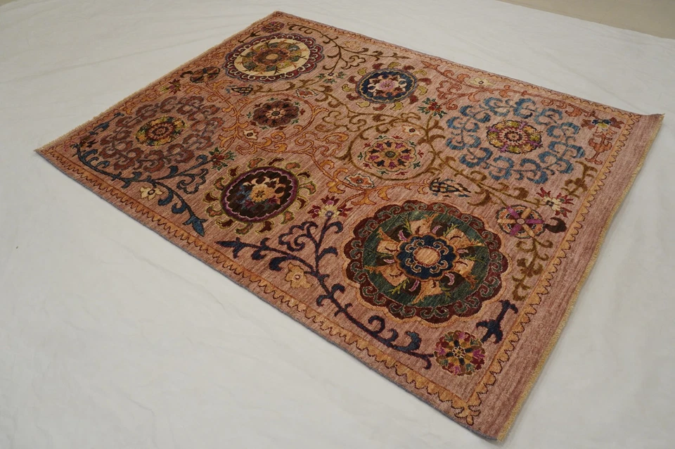 5 x 7 ft Purple Suzani Afghan Hand Knotted Wool Transitional Area Rug - Image 2 of 4