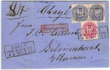 Preu&szlig;en RecoBrief Coeln Stadt-Exped. 1867 Mi.-Nr.16,17 to Delemenhorst RARE