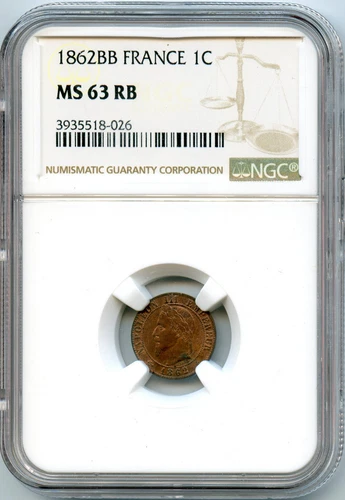 France Napoleon III 1 Centime 1862 BB Strasbourg NGC MS63 RB