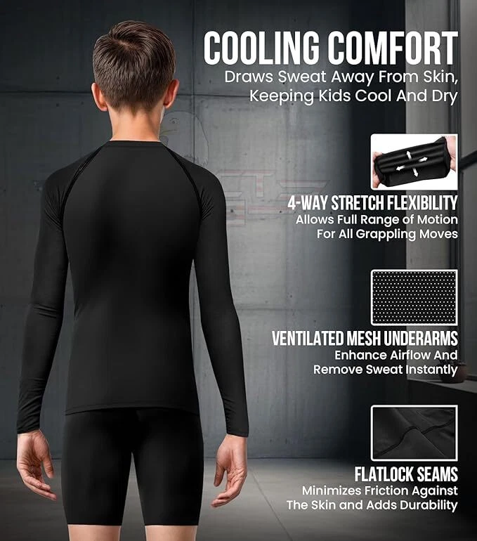 Exxact Sports Long Sleeve Kids BJJ Rash Guard, No Gi Compression Shirt - Image 3 of 4