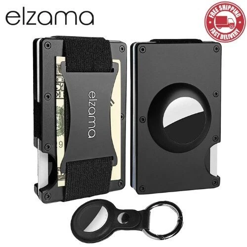 Elzama Slim Metal Card Holder Wallet With Keychain Airtag Pockets & Cash Strap - product listing photo