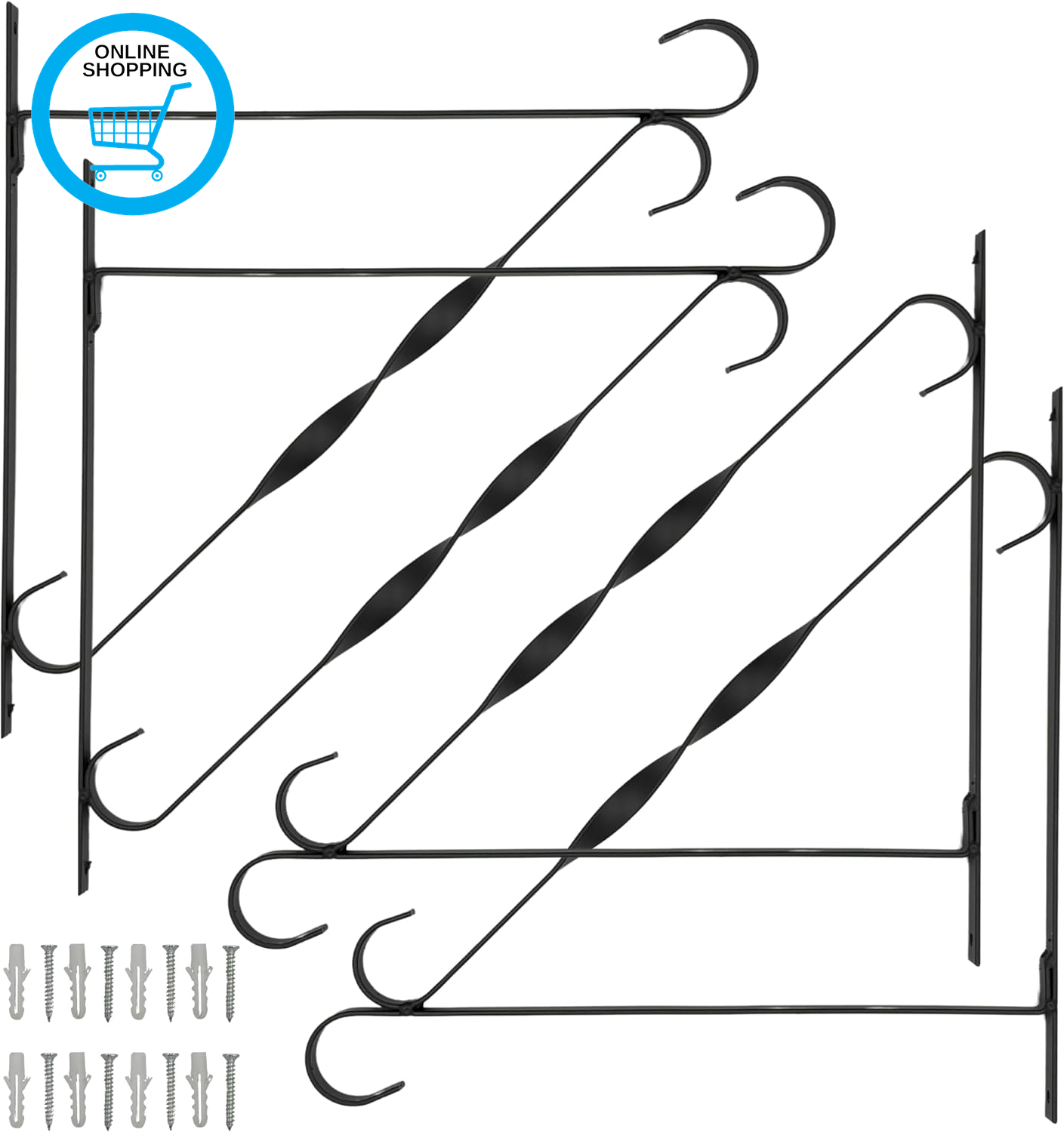 10 Inch (24.5Cm) Black Hanging Basket Bracket 4-Pack, Strong Metal Hanging Brack