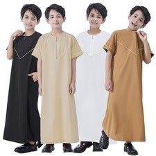 Arab Kids Boys Jubba Kaftan Modest Abaya Thawb Saudi Thoub Short Sleeve Robes