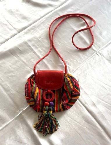 LOEWE Multicolor Stripe Fabric Leather Shoulder Bag Red Tassel Authentic Women'