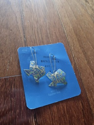 Handmade Texas State Shape Brass Blue Gold Tone Dangle Earrings New On Card