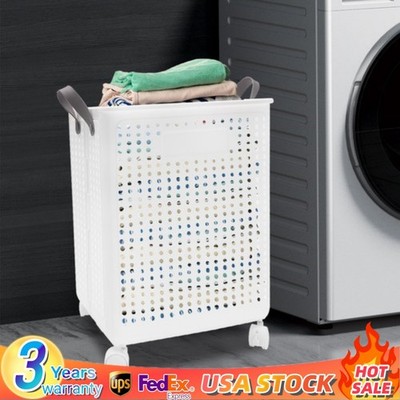 Folding Laundry Basket Hamper Movable Bathroom Dirty Clothes Hamper w/ 4 Wheels