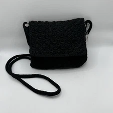 The Sak Purse Black Crochet Small Crossbody Shoulder Bag Zip Fold Over Flap 6x7”