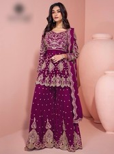 EXQUISITE WINE KURTI PALAZZO DUPATTA SET FOR PARTY WEAR WEDDING ETHNIC SPECIAL