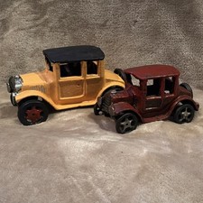 Vintage Cast Iron Toy Cars Set Red Yellow Early Automobile Style