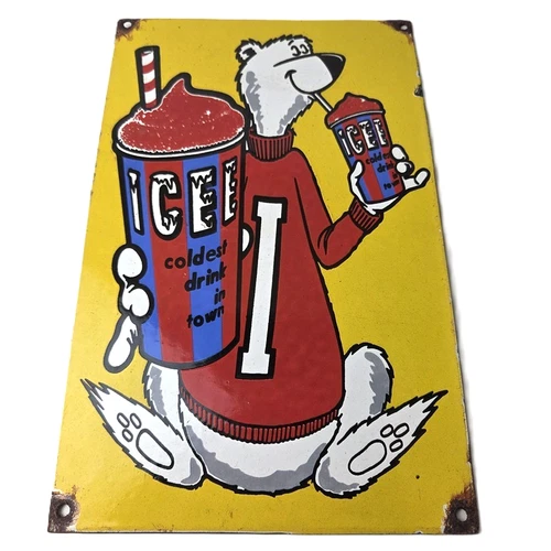 Vintage Icee Bear Sign - Ice Slushy Soda Porcelain Gas Pump Sign