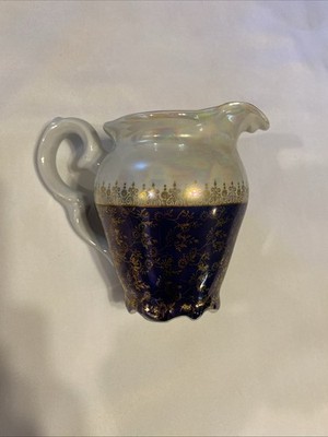 VTG Porcelain Schmidt Brasil Blue Gold Floral Creamer Pitcher 4.5 