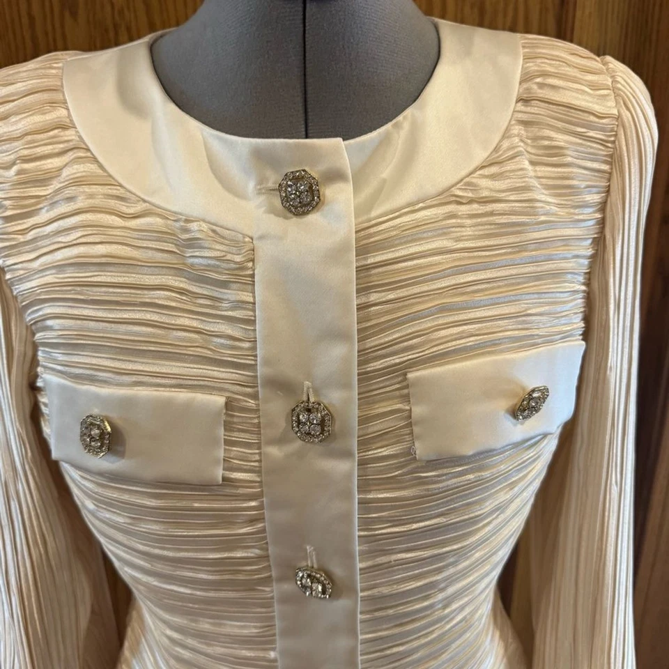 Impresionante conjunto de falda plisada satinada marfil George F. Couture. Vintage años 80. Talla 8 Foto 3 de 4