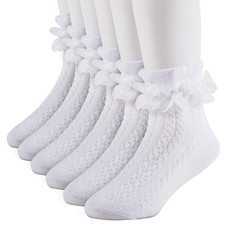 QHANSHIEE 6 Pairs Girls Ruffle Socks Cotton Lace 7-9 Years, 6-white