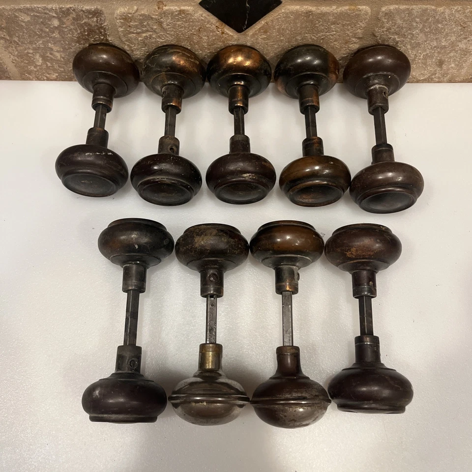 Antique Vintage Door Knob Set Lot Of 9 Complete Sets Metal Copper Finish Patina - Image 2 of 4