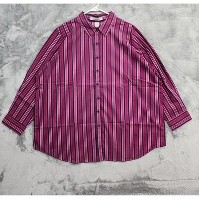 Roaman's Top Womens 1X Pink Striped Button Up Long Sleeve Cotton Blend Office
