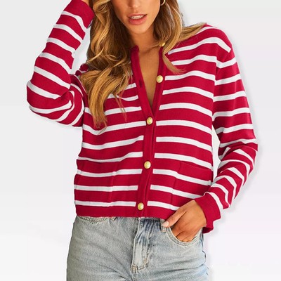 BLUEMING Womens Cardigans Striped Long Sleeve Button Down V Neck  Casual
