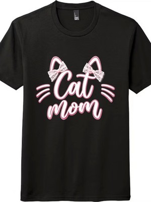 Cat Mom Casual T-Shirt Cute Lace Bow Cat Ear Graphic Tee for Cat Lovers