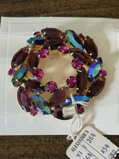 Vintage Wreath Brooch Purple Fuchsia AB Rhinestone Gold Tone NEW w/PLACECARD