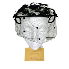 Vintage 40's 50's Black Velvet  Feathers Net Wired Fascinator Head Piece Hat