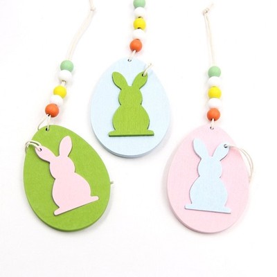 6Pcs Easter Wooden Hanging Ornament Bunny Rabbit Egg Beads Pendant Tag DIY Decor