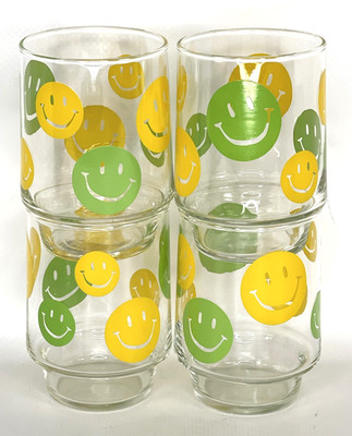 VTG 70s LIBBEY SMILEY FACE Stackable 4 1/4'' Glass Tumblers Green Yellow Set of 4