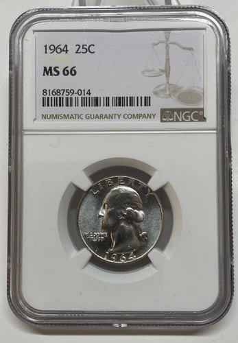 1964 Washington Quarter 25c NGC MS 66 Mint State Uncirculated Coin