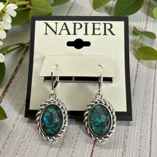Napier 1 1/2" Silver Tone/Green Leverback Earrings-NWT