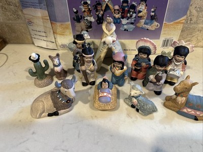 Vintage 1996 Nativity Scene Native Americans Pastel Porcelain 13 Pieces