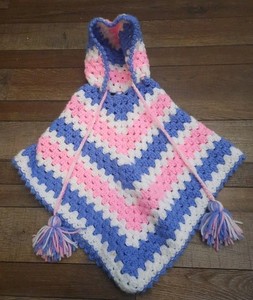Homemade Toddler Crochet Hoodie Poncho, Blue-White-Blue