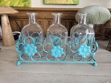  Floral Turquoise Metal Caddy With Three Glass Bud Vases