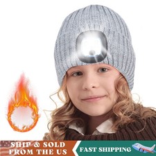 Kids Fleece Lined Beanie Hat w/LED Light USB Rechargeable Winter Headlamp Cap