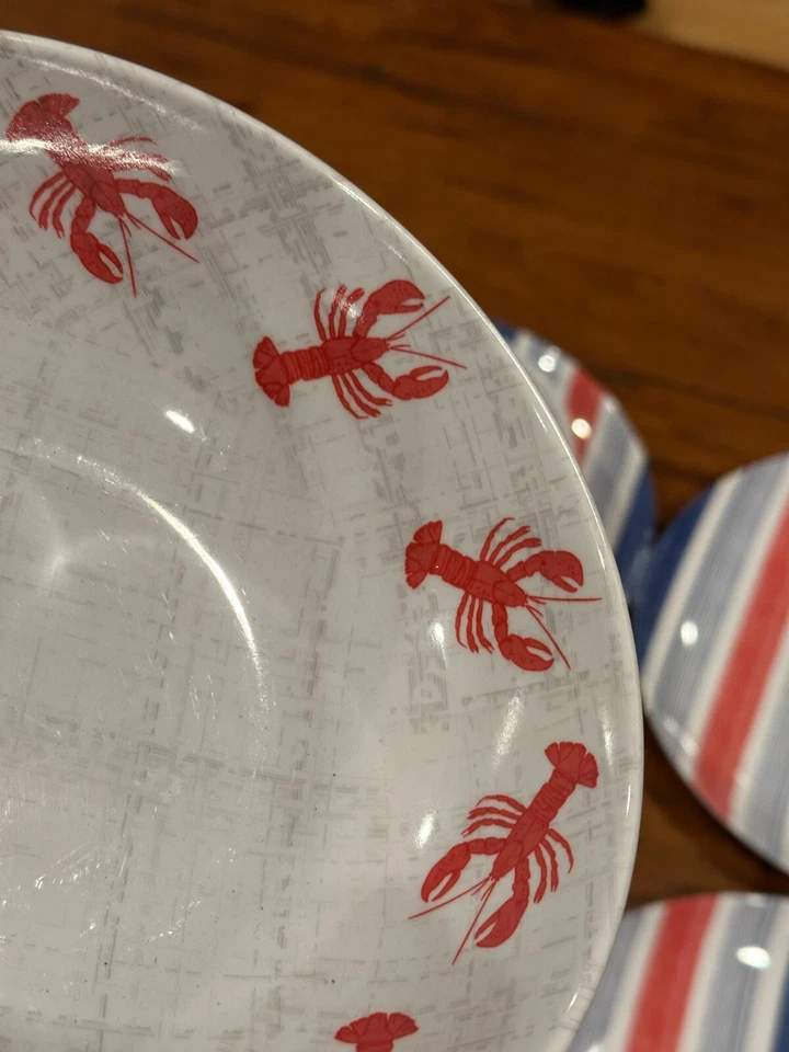 6 peças Tommy Bahama lagosta vermelha melamina 4 pratos de jantar 2 tigelas listra azul vermelha - Imagem 4 de 4