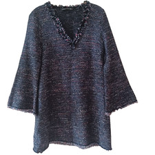 Zara Woman V-Neck Bell Sleeve Fringe Metallic Tweed Black Mini Dress, Medium