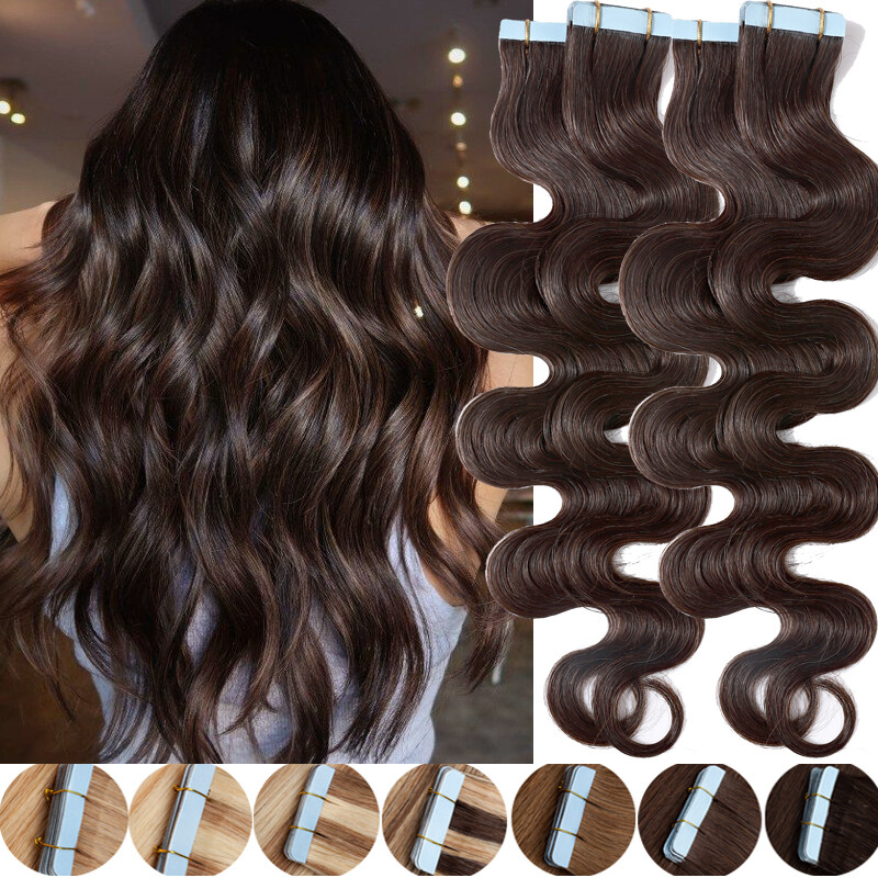 Cinta en extensiones de cabello humano trama de piel cabeza completa marrón real ondulado grueso 20-60 un.