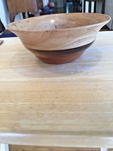 Handcrafted  Wooden signed wooden bowl, 2 diff woods 3” high, 7” across