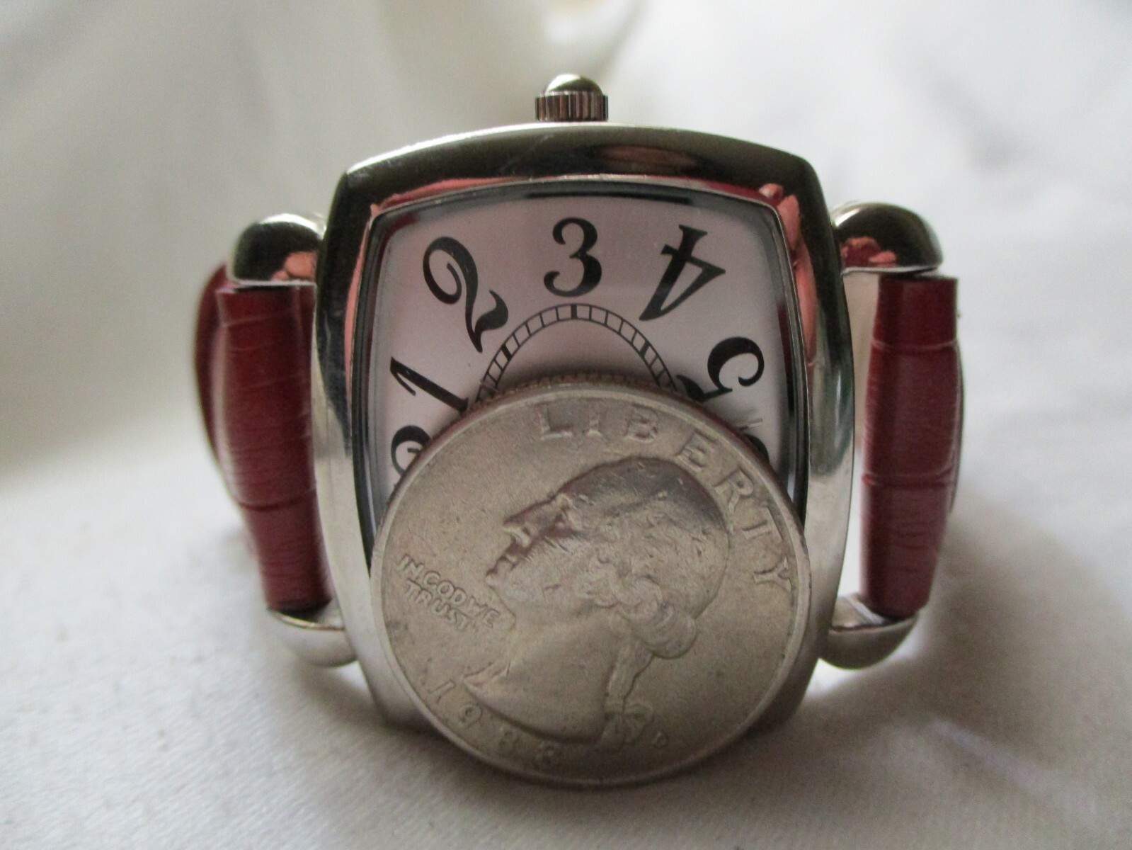 Wristwatch Rectangular Silver Tone Red Buckle Ban… - image 12