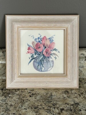NWT Decorative Framed Watercolor Flowers Vase Whitewashed Wooden Frame 8''X 8''