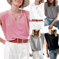 Womens Summer Sleeveless T Shirt Blouse Basic Tee With Shoulder Pads Causal Tops